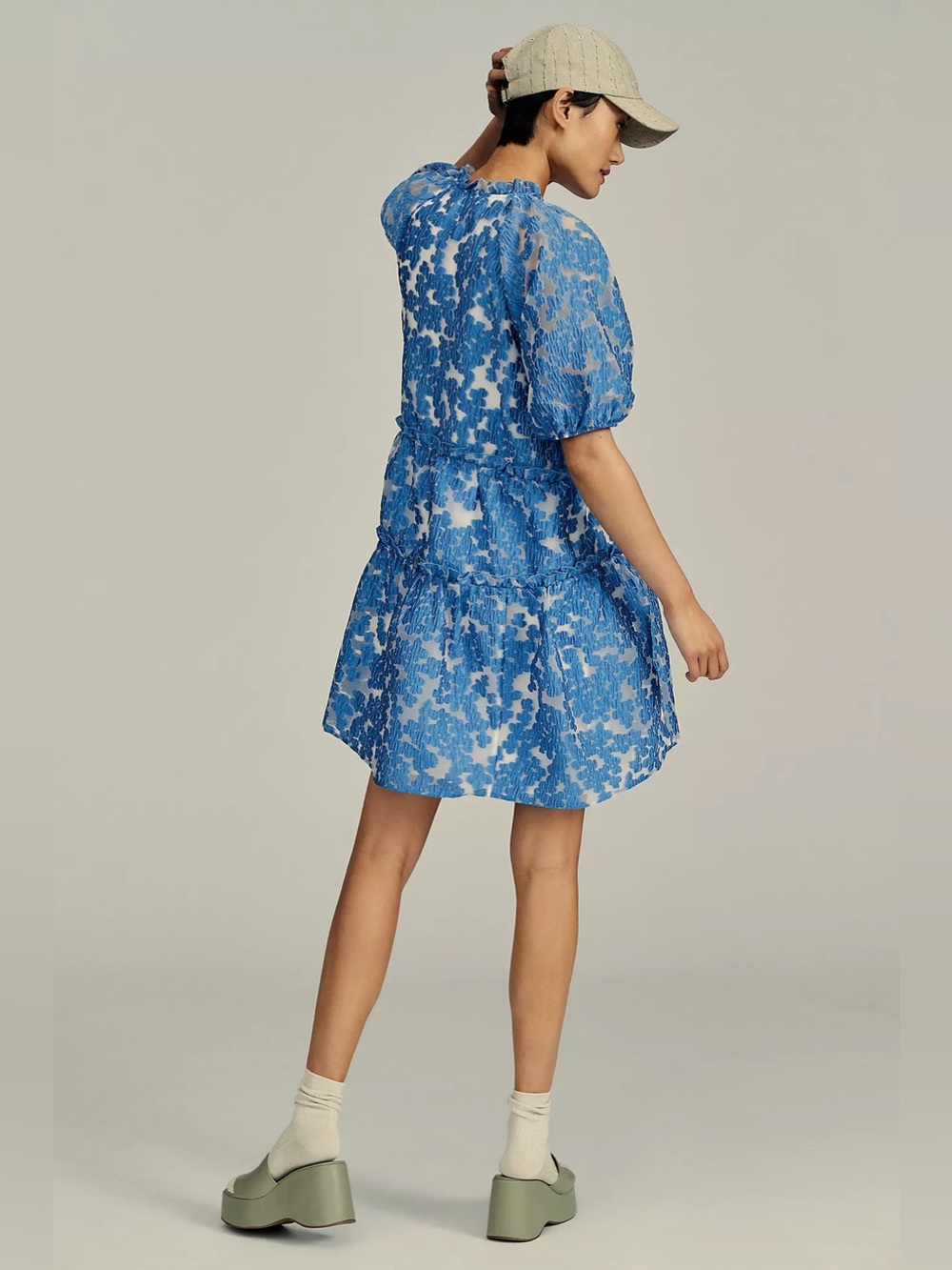 Maeve Anthropologie Tiered Jacquard Dress Blue Textured Puff Sleeve Petite SP - Picture 4 of 8